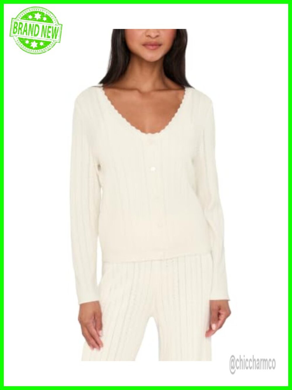 Recycled Rayon Pointelle Cardigan Sweater Relaxed Fit Long Sleeve